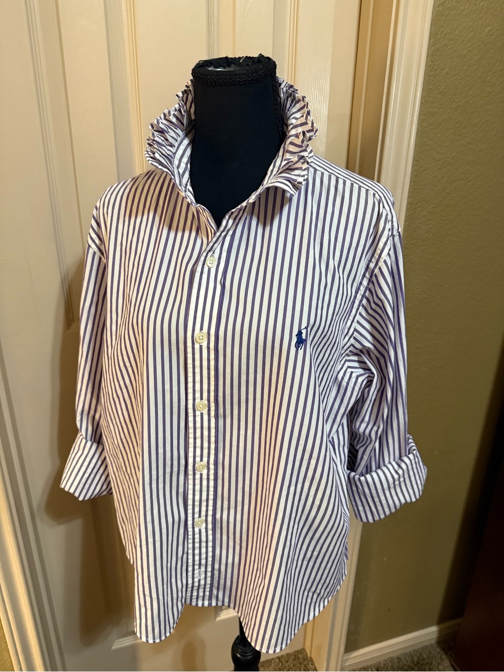 Upcycled Men’s Ralph Lauren Purple Striped Button-Up Shirt with Ruffle Colla - Picture 2 of 8